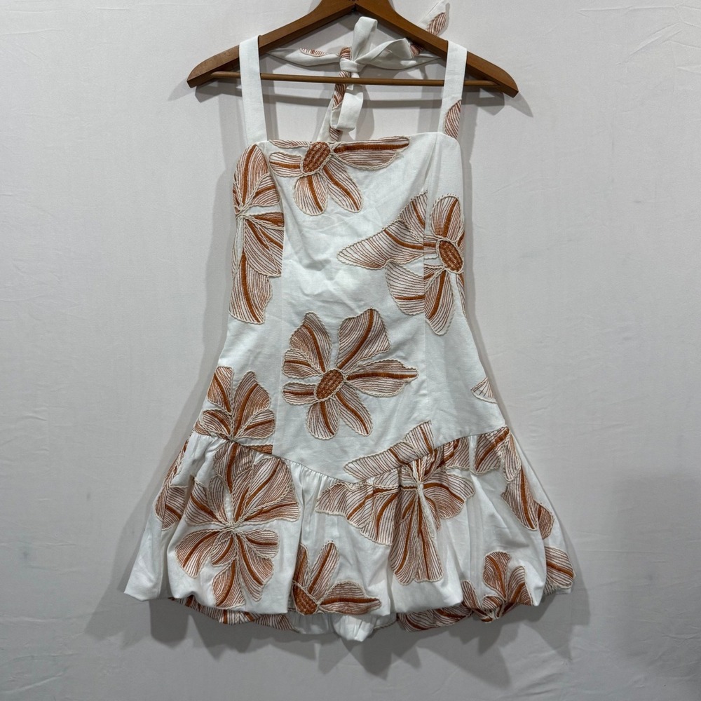 Doe and Rae White Rust Floral‎ Embroidered Bubble Hem Mini Dress Small